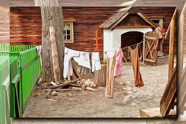 Oil paint on canvas. Picture with photo, imitation of painting. Illustration. Clean wash clothes drying on a rope next to the rustic house — Stock Image Oil Paint Canvas Picture Photo Imitation Painting Illustration Clean Wash Stock Picture