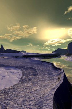 Fantezi uzaylı gezegeni. Dağ ve göl. 3B illüstrasyon