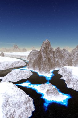 Fantezi uzaylı gezegeni. Dağ ve göl. 3B illüstrasyon