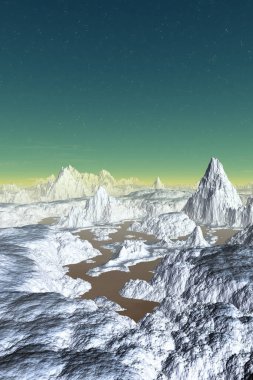 Fantezi uzaylı gezegeni. Dağ ve göl. 3B illüstrasyon