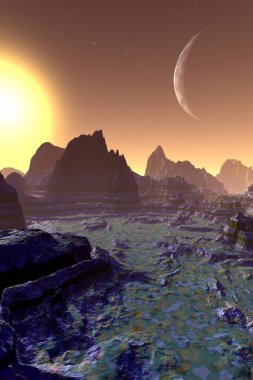 Fantezi uzaylı gezegeni. Dağ. 3B illüstrasyon