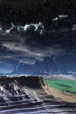 Fantezi uzaylı gezegeni. Dağ. 3B illüstrasyon