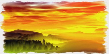 Tuval üzerine yağlı boya. Fotoğraflı resim, resmin taklidi. İllüzyon. Fantezi uzaylı gezegeni. Dağ ve göl. 3B illüstrasyon