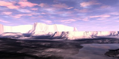 Fantezi uzaylı gezegeni. Dağ ve göl. 3B illüstrasyon