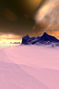 Fantezi uzaylı gezegeni. Dağ ve göl. 3B illüstrasyon