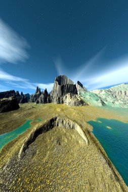 Fantezi uzaylı gezegeni. Dağ ve göl. 3B illüstrasyon