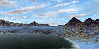 Fantezi uzaylı gezegeni. Dağ ve göl. 3B illüstrasyon