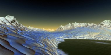 Fantezi uzaylı gezegeni. Dağ ve göl. 3B illüstrasyon