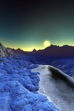 Fantezi uzaylı gezegeni. Dağ ve göl. 3B illüstrasyon