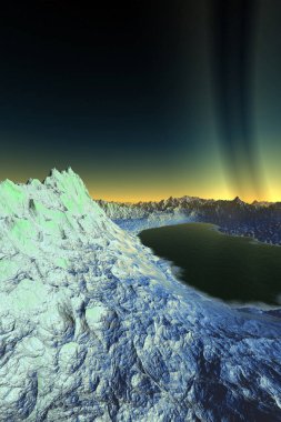 Fantezi uzaylı gezegeni. Dağ ve göl. 3B illüstrasyon