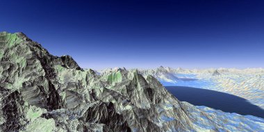 Fantezi uzaylı gezegeni. Dağ ve göl. 3B illüstrasyon