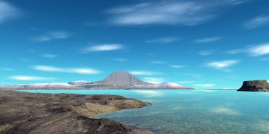 Fantezi uzaylı gezegeni. Dağ ve göl. 3B illüstrasyon