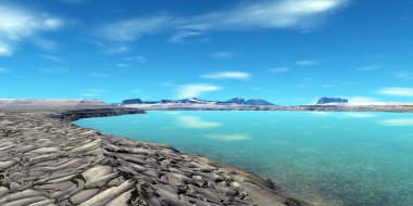 Fantezi uzaylı gezegeni. Dağ ve göl. 3B illüstrasyon