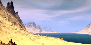 Fantezi uzaylı gezegeni. Dağ ve göl. 3B illüstrasyon