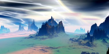 Fantezi uzaylı gezegeni. Dağ. 3B illüstrasyon