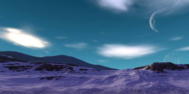 Fantezi uzaylı gezegeni. Dağ. 3B illüstrasyon