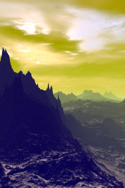 Fantezi uzaylı gezegeni. Dağ ve göl. 3B illüstrasyon