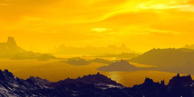 Fantezi uzaylı gezegeni. Dağ ve göl. 3B illüstrasyon