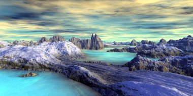 Fantezi uzaylı gezegeni. Dağ ve göl. 3B illüstrasyon