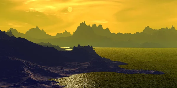 Fantasy Buitenaardse Planeet Berg Meer Illustratie — Stockfoto