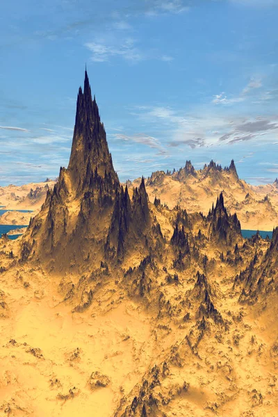 Фантазия Инопланетной Планеты Гора Озеро Иллюстрация — стоковое фото