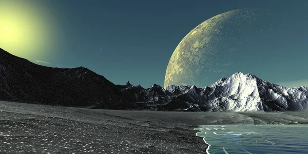 Fantasy Alien Planet Mountain Lake Illustration — Stock Photo, Image