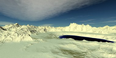 Fantezi uzaylı gezegeni. Dağ ve göl. 3B illüstrasyon