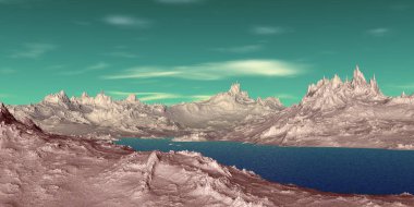 Fantezi uzaylı gezegeni. Dağ ve göl. 3B illüstrasyon