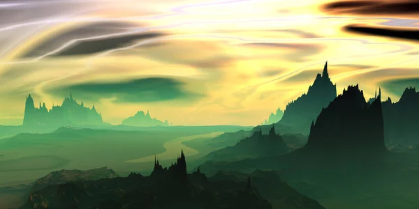 Fantasía Planeta Alienígena Montaña Lago Ilustración — Foto de Stock