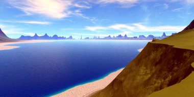 Fantezi uzaylı gezegeni. Dağ ve göl. 3B illüstrasyon