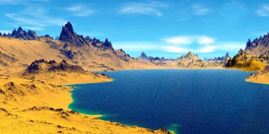 Fantezi uzaylı gezegeni. Dağ ve göl. 3B illüstrasyon