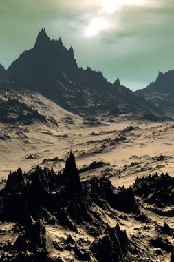 Fantezi uzaylı gezegeni. Dağ. 3B illüstrasyon