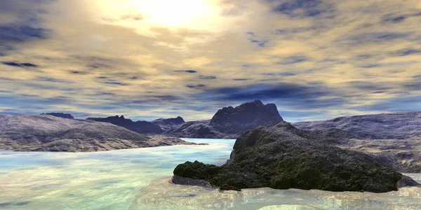 Fantasia Planeta Alienígena Montanha Lago Ilustração — Fotografia de Stock