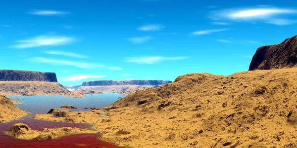 Fantasy alien planet. Mountain and lake. 3D illustration