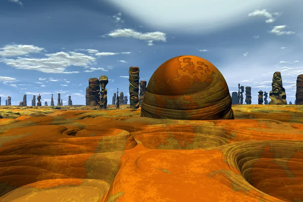 Fantasy Alien Planet Überreste Von Felsen Verwitterungsbefund Butte Illustration — Stockfoto