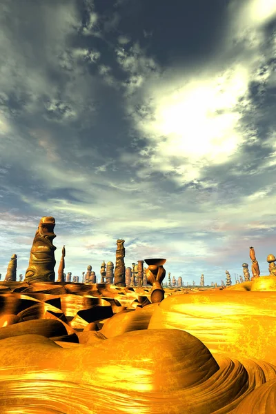 Fantasía Planeta Alienígena Restos Rocas Resultado Del Desgaste Butte Ilustración — Foto de Stock