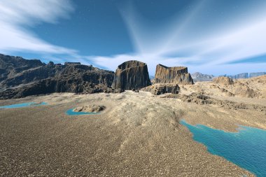 3D render fantezi uzaylı gezegenine. Kayalar ve gökyüzü 