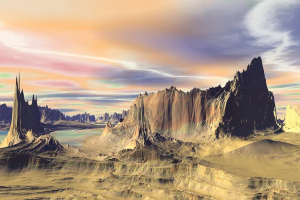 3D machte Fantasie außerirdischen Planeten. Felsen und Himmel — Stockfoto