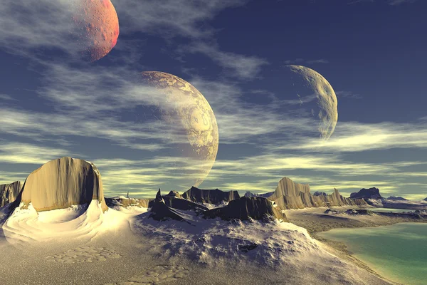 3D renderizado planeta alienígena fantasía. Rocas y luna — Foto de Stock