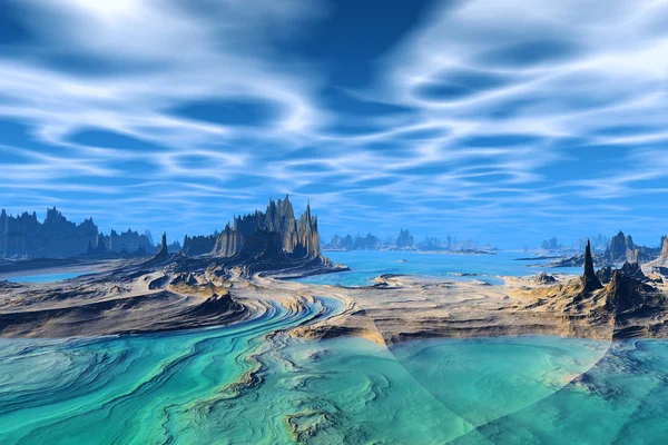 3D-gerenderde fantasie buitenaardse planeet. Rotsen en zee — Stockfoto