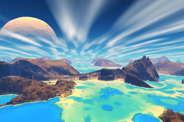 3D rendered fantasy alien planet. Rocks and sea — Stock Photo, Image