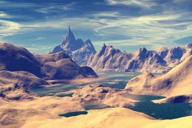 3D render fantezi uzaylı gezegenine. Kayalar ve göl 