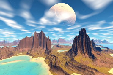 3D render fantezi uzaylı gezegenine. Kayalar ve gökyüzü 