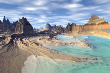 3D render fantezi uzaylı gezegenine. Kayalar ve göl 