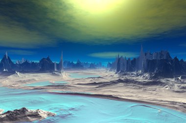 3D render fantezi uzaylı gezegenine. Kayalar ve göl 