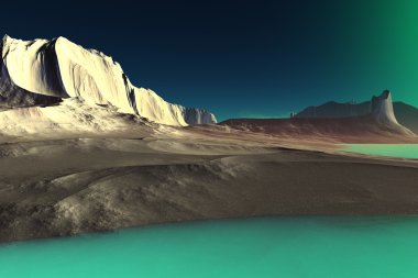 3D render fantezi uzaylı gezegenine. Kayalar ve göl 