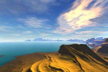3D render fantezi uzaylı gezegenine. Kayalar ve günbatımı