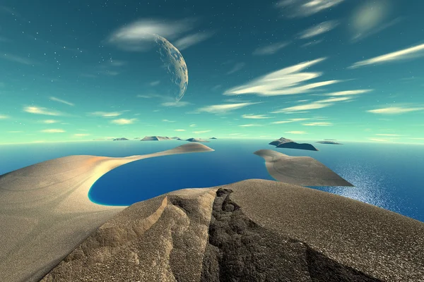 3D рендеринг фантазии чужой планеты. Камни и море — стоковое фото