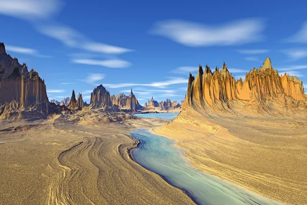 3D rendered fantasy alien planet. Rocks and lake — Stock Photo, Image