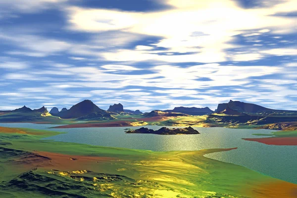 3D rendu fantasme exotique planète. Rochers et coucher de soleil — Photo